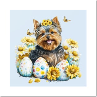 Cute Yorkshire Terrier Happy Easter Eggs Sunflowers Posters and Art